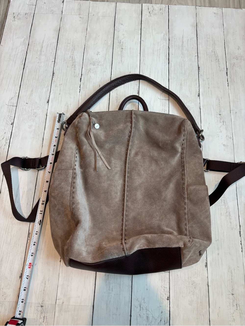 The Sak Taupe Suede Backpack with Dark Brown Trim